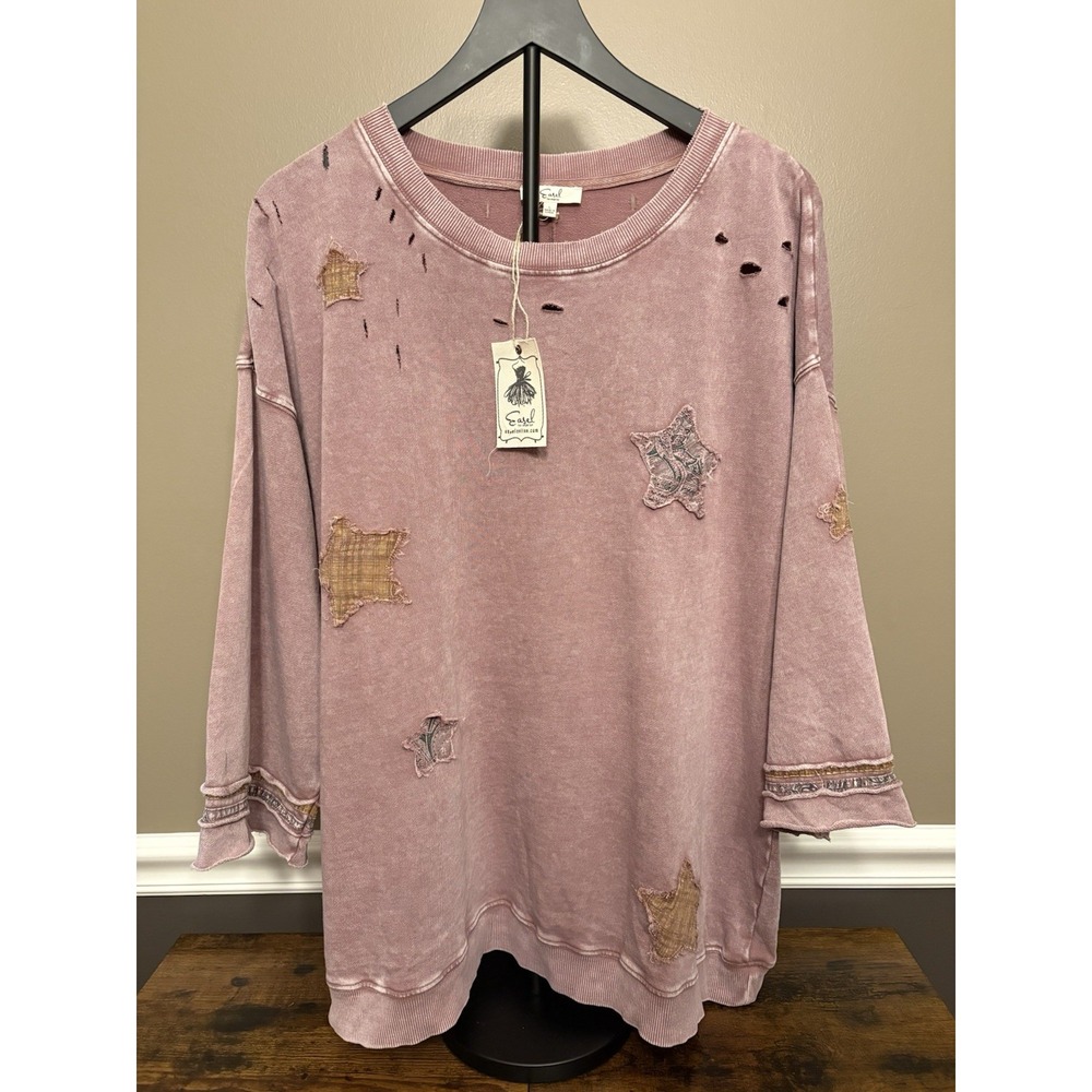 Easel Boho Star Patchwork Oversized Tee Size Large Distressed Top Sweatshirt